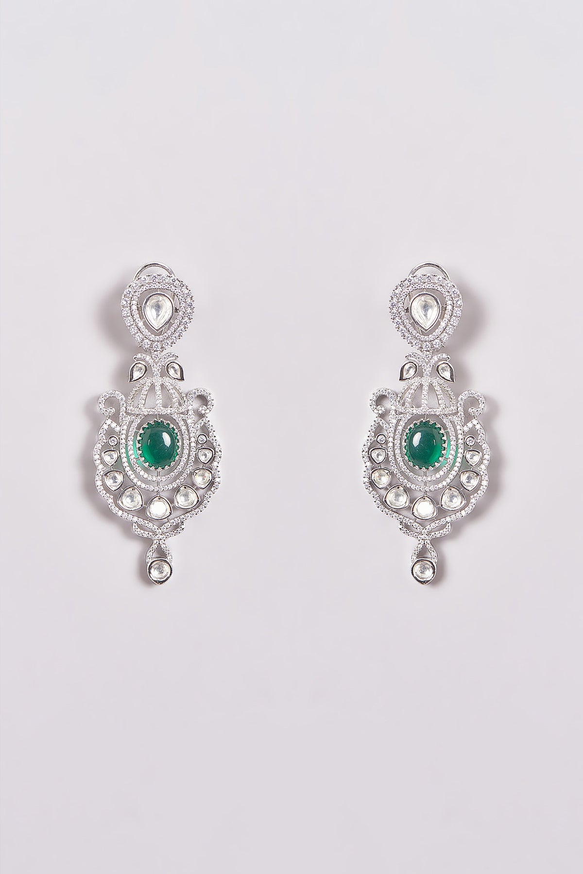 White Finish Zircon & Green Stone Long Necklace