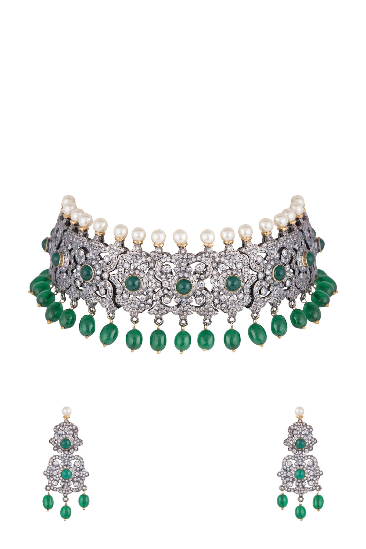 Black Rhodium Faux Diamond, Pearl & Green Stone Necklace Set