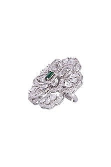 White Finish Faux Diamonds & Green Stone Ring
