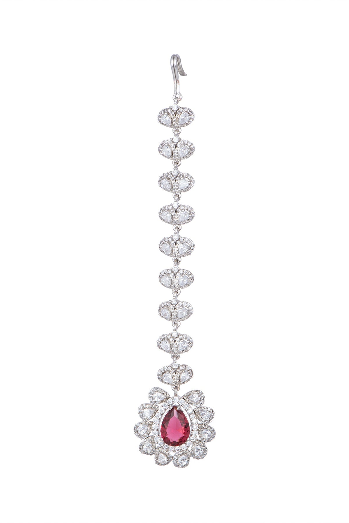 White Finish Faux Diamond & Red Stone Maang Tikka