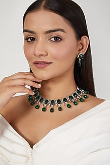 White Finish Green Synthetic Stone & Zircon Necklace Set