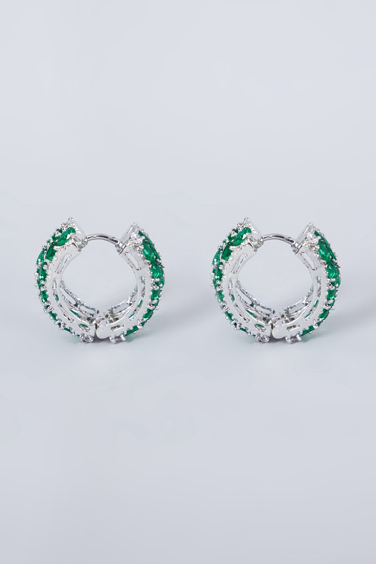 White Finish Green Diamond Hoop Earrings