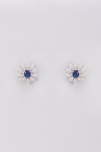 White Finish Zircon & Blue Stone Stud Earrings