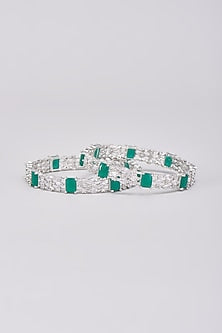 White Finish Zircons & Green Stone Bangles (Set Of 2)