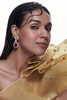 White Finish Zircon & Red Stone Dangler Earrings