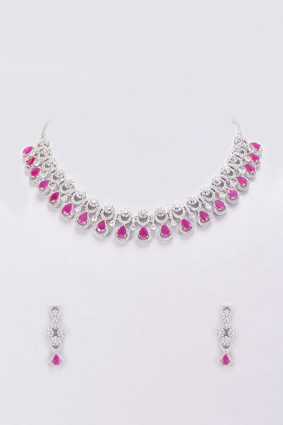 White Finish Synthetic Ruby Stone & Zircon Necklace Set