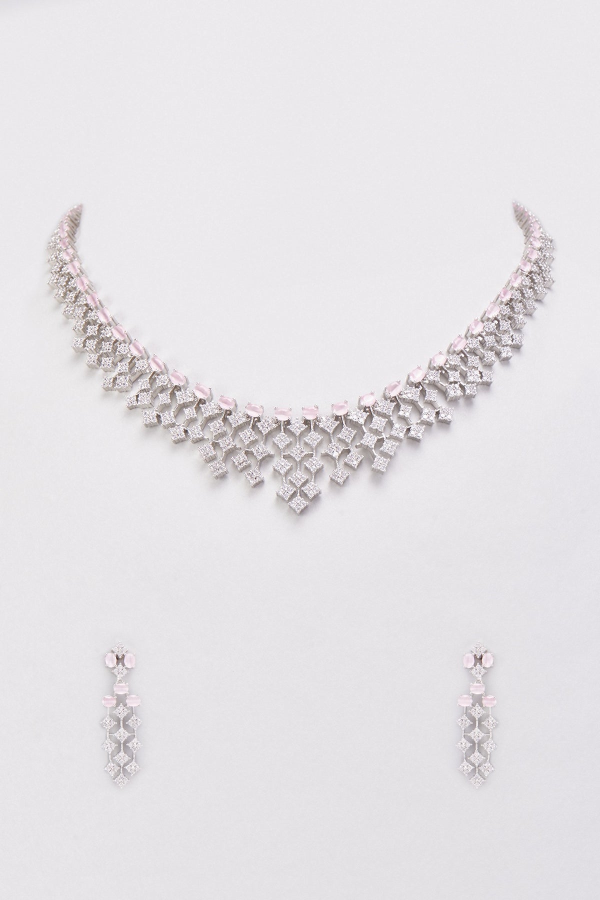 White Finish Zircon & Pink Stone Necklace Set