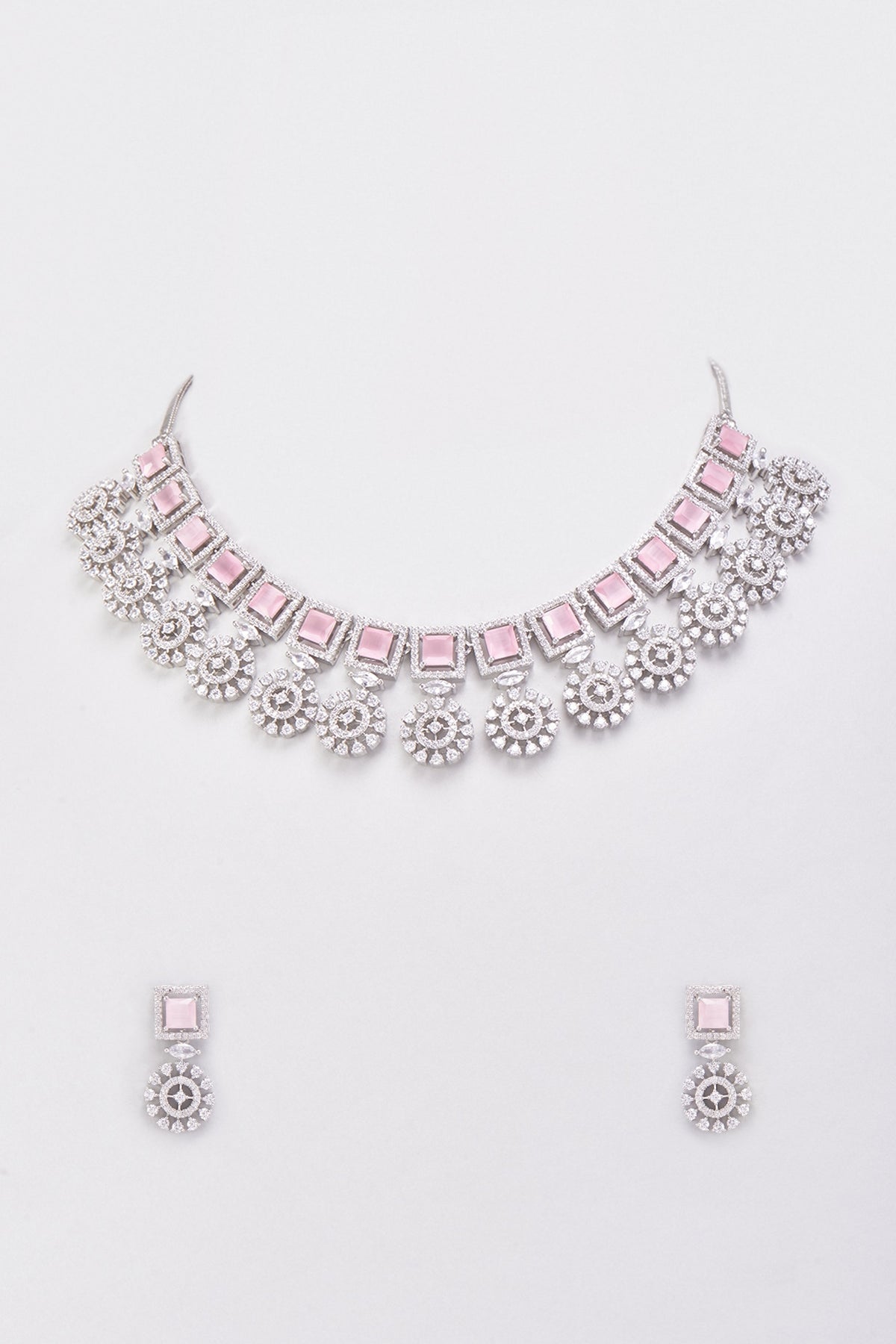 White Finish Zircons & Pink Stones Necklace Set
