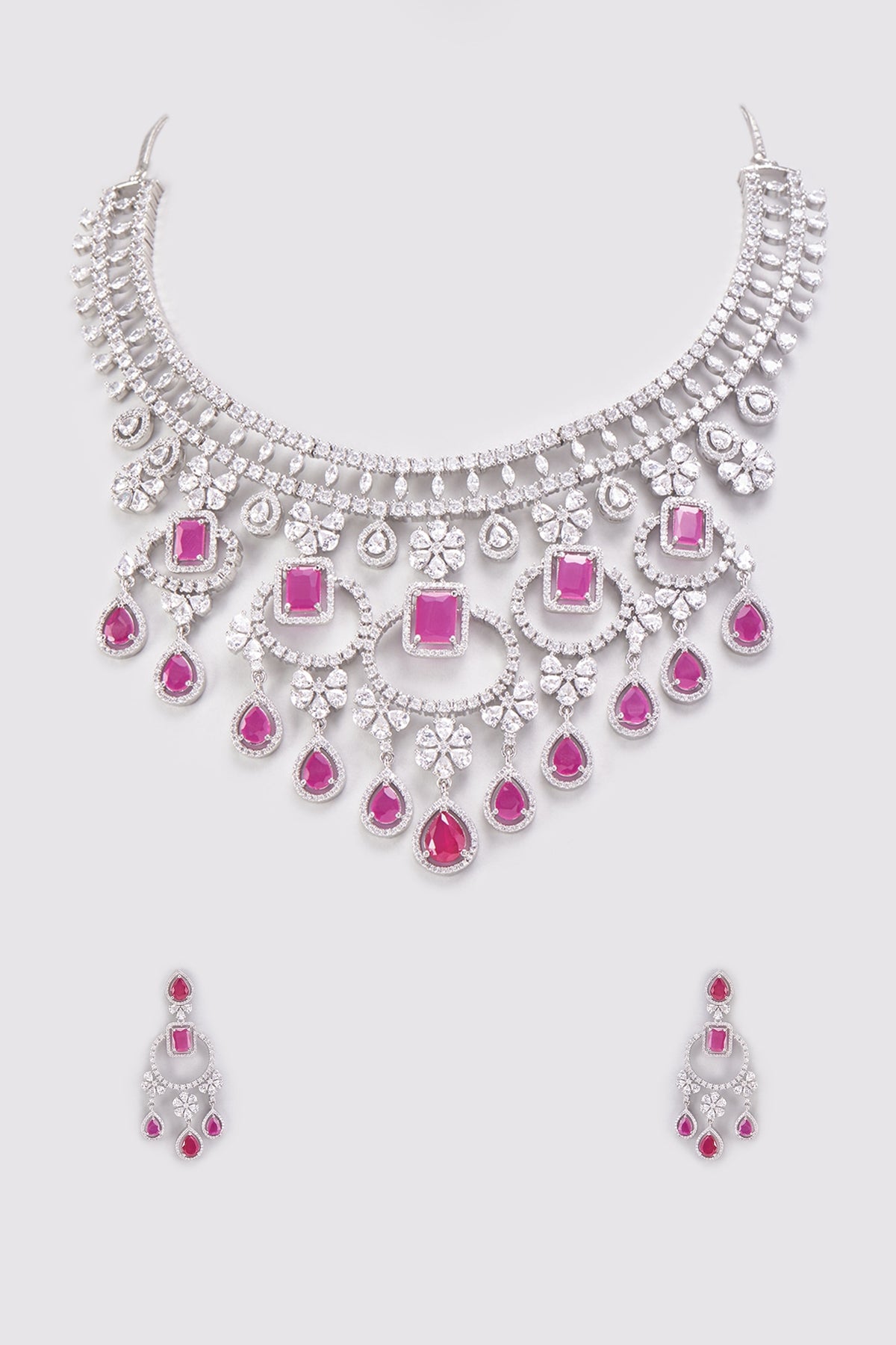 White Finish Zircon & Pink Stone Long Necklace Set