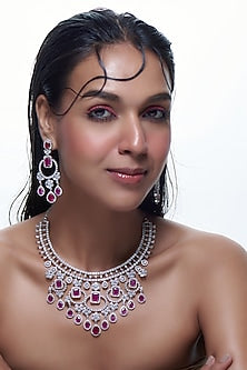 White Finish Zircon & Pink Stone Long Necklace Set