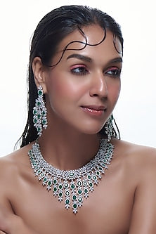 White Finish Emerald Synthetic Stone & Zircon Long Necklace Set