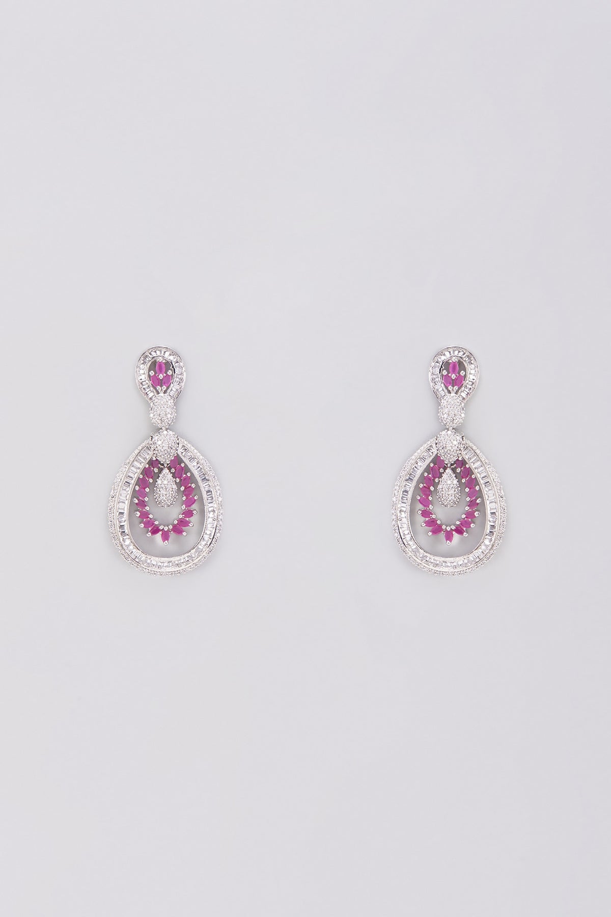 White Finish Ruby & Zircon Dangler Earrings