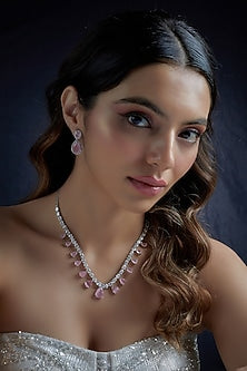 White Finish Zircon & Pink Stone Necklace Set