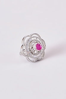 White Finish Zircon & Pink Stone Ring