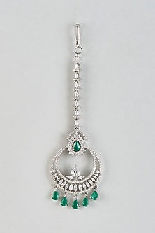 White Finish Zircon & Emerald Stone Maangtikka