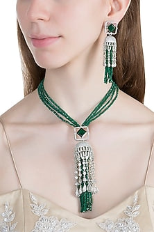 White Finish Faux Diamond & Green Beaded Mala Necklace Set
