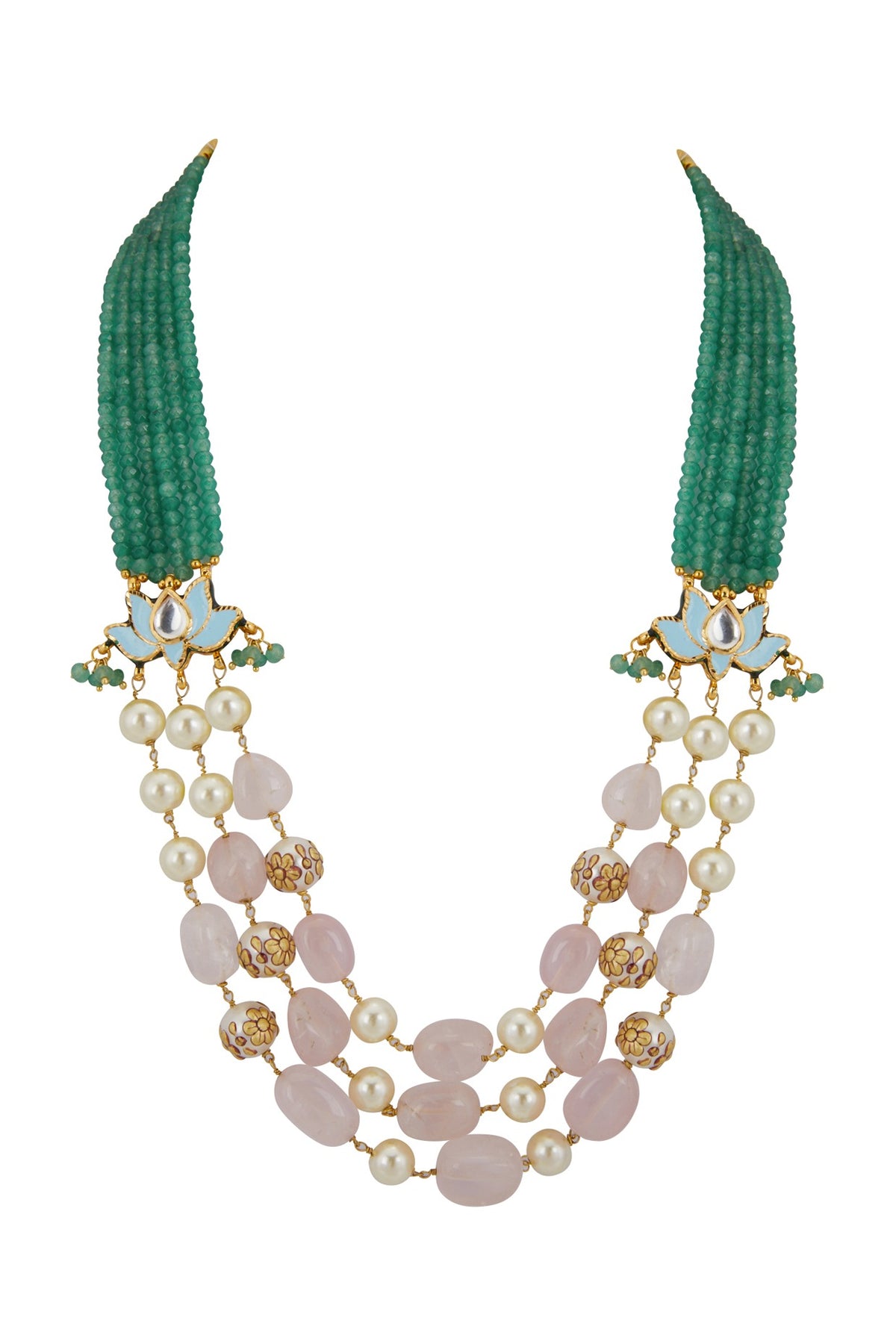 Gold Finish Green Beaded Mala Necklace