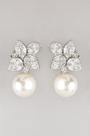 White Finish Pearl & Zircon Dangler Earrings