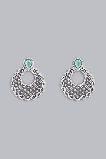 White Finish Aqua Stone & Zircon Dangler Earrings