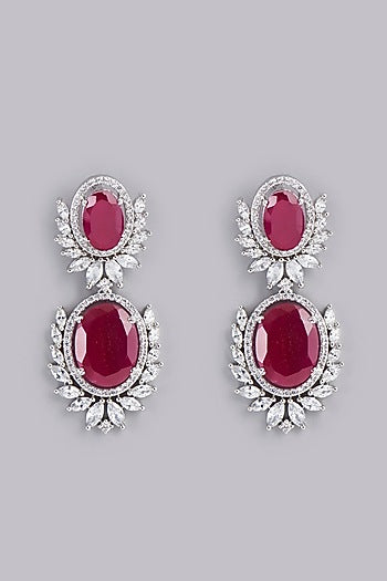 White Finish Red Stone Dangler Earrings