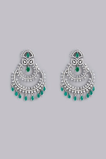 White Finish Green Stone & Zircon Dangler Earrings