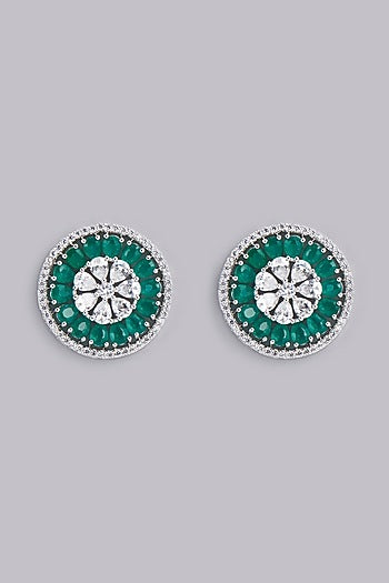 White Finish Green Stone Stud Earrings
