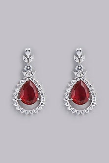 White Finish Red Stones & Faux Diamonds Earrings