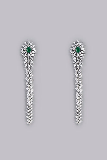 White Finish Green Stone & Zircon Dangler Earrings
