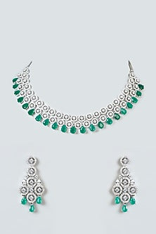 White Finish Zircon & Green Stone Choker Necklace Set