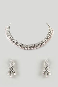 White Finish Pink Stone & Zircon Choker Necklace Set
