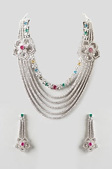 White Finish Multi-Colored Stone Long Necklace Set