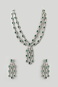 White Finish Emerald & Zircon Long Necklace Set