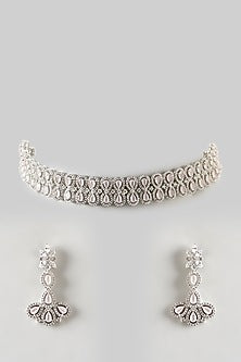 White Finish Zircon & Pink Stone Choker Necklace Set