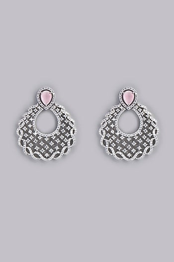 White Finish Pink Stone & Zircon Dangler Earrings