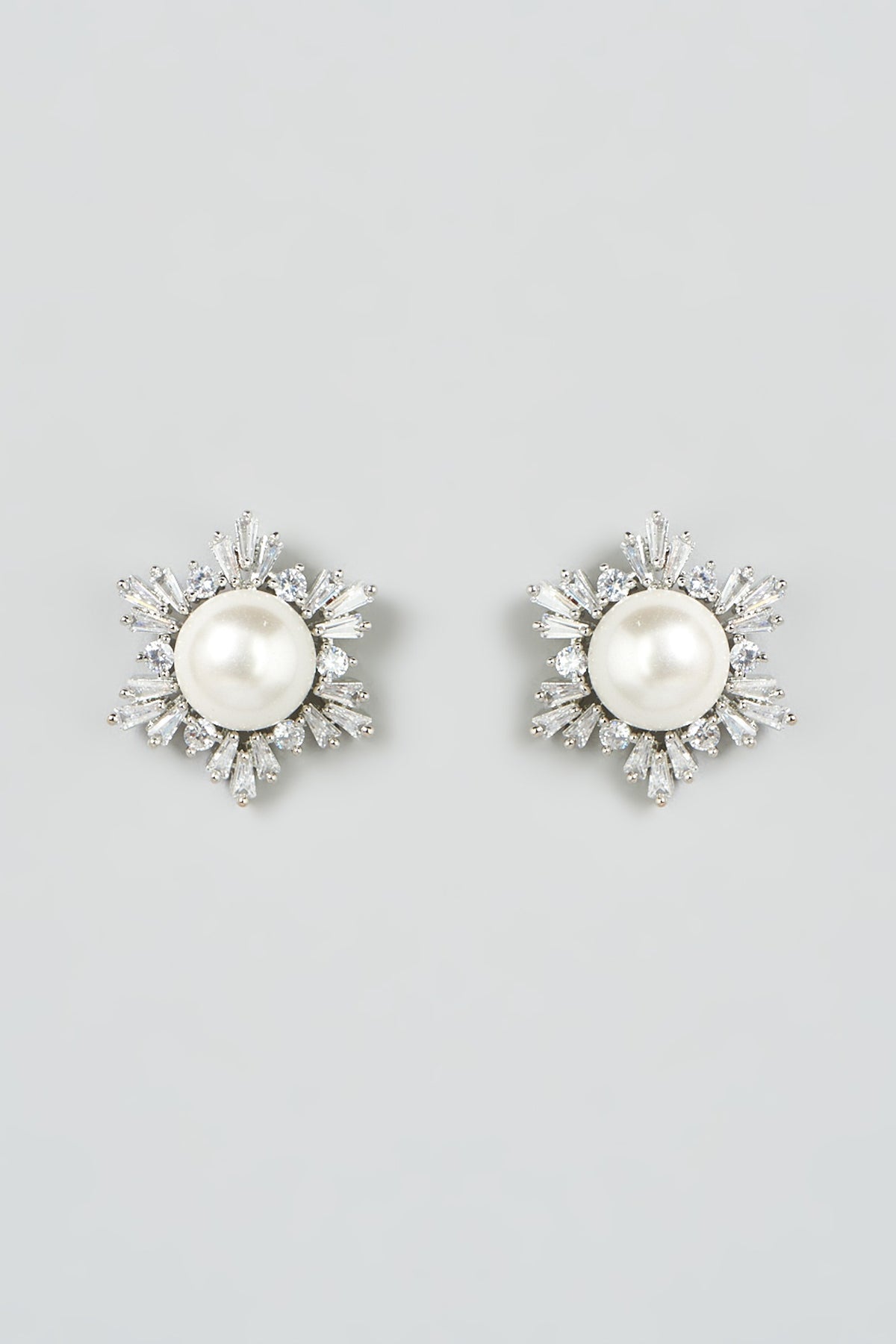 White Finish Faux Diamond & Pearl Stud Earrings