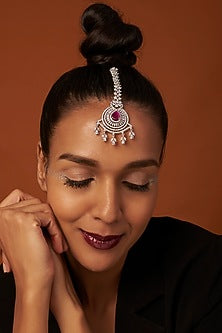 White Finish Zircon & Red Stone Maangtikka