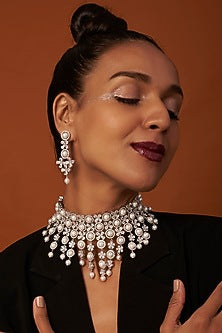 White Finish Zircon & Pearl Choker Necklace Set