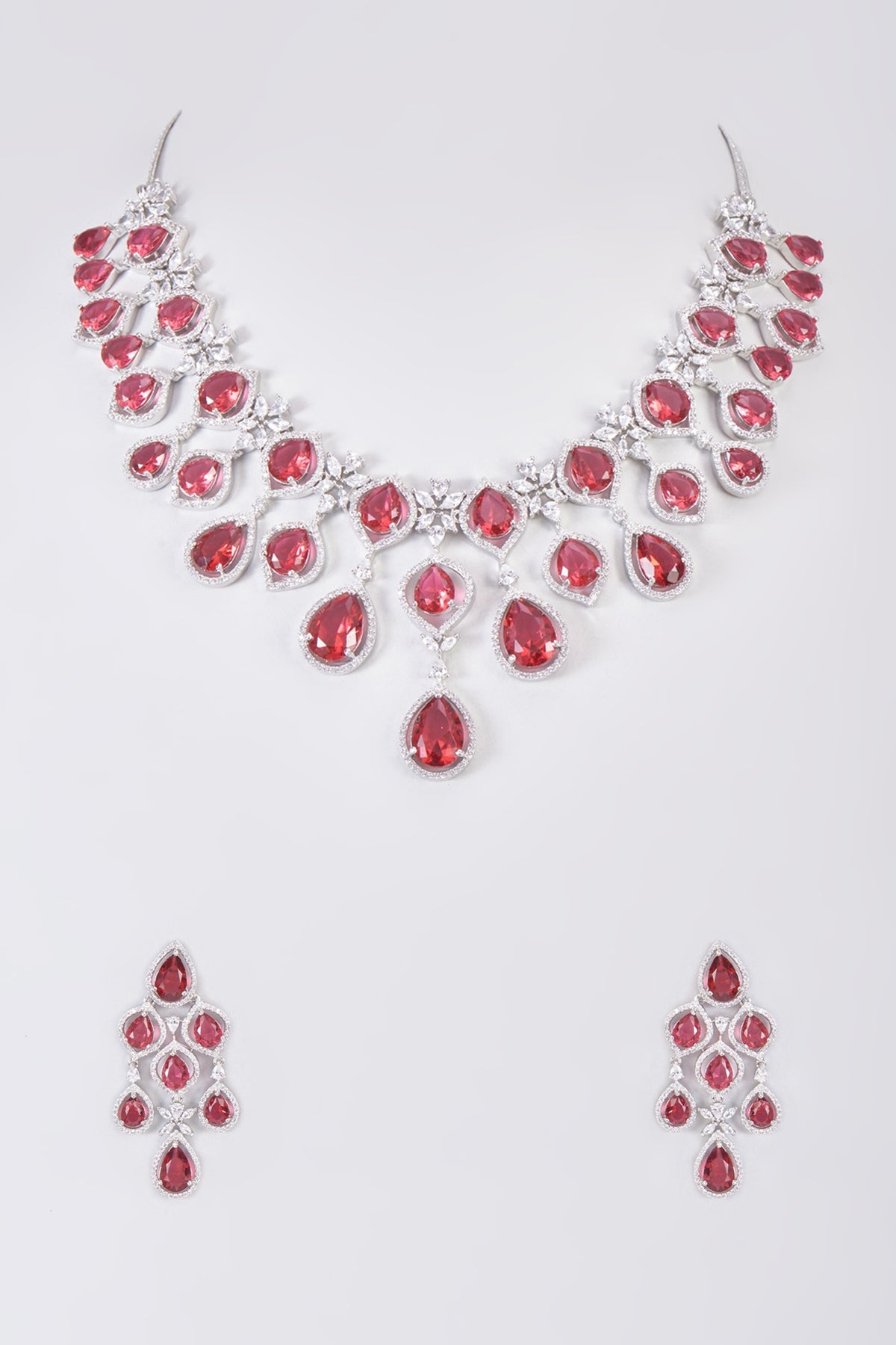 White Finish Zircon & Red Stone Necklace Set