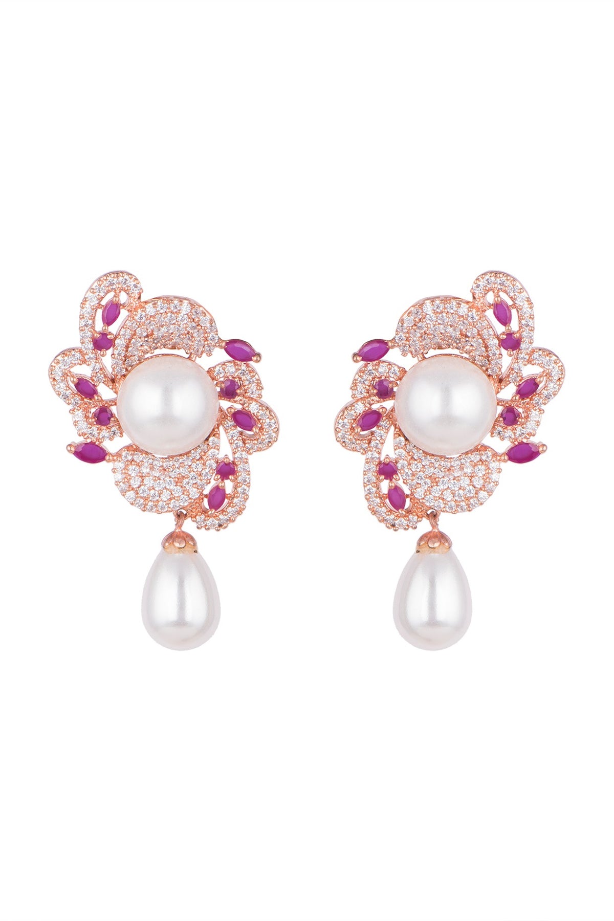 Rose Gold Finish Faux Diamonds, Pink Stones & Pearls Earrings