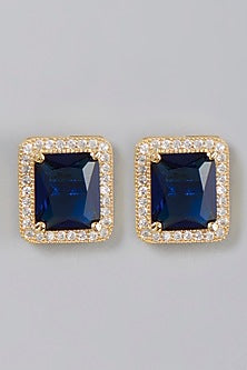 Gold Finish Zircon & Sapphire Synthetic Stone Stud Earrings