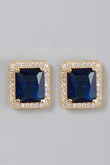 Gold Finish Zircon & Sapphire Synthetic Stone Stud Earrings