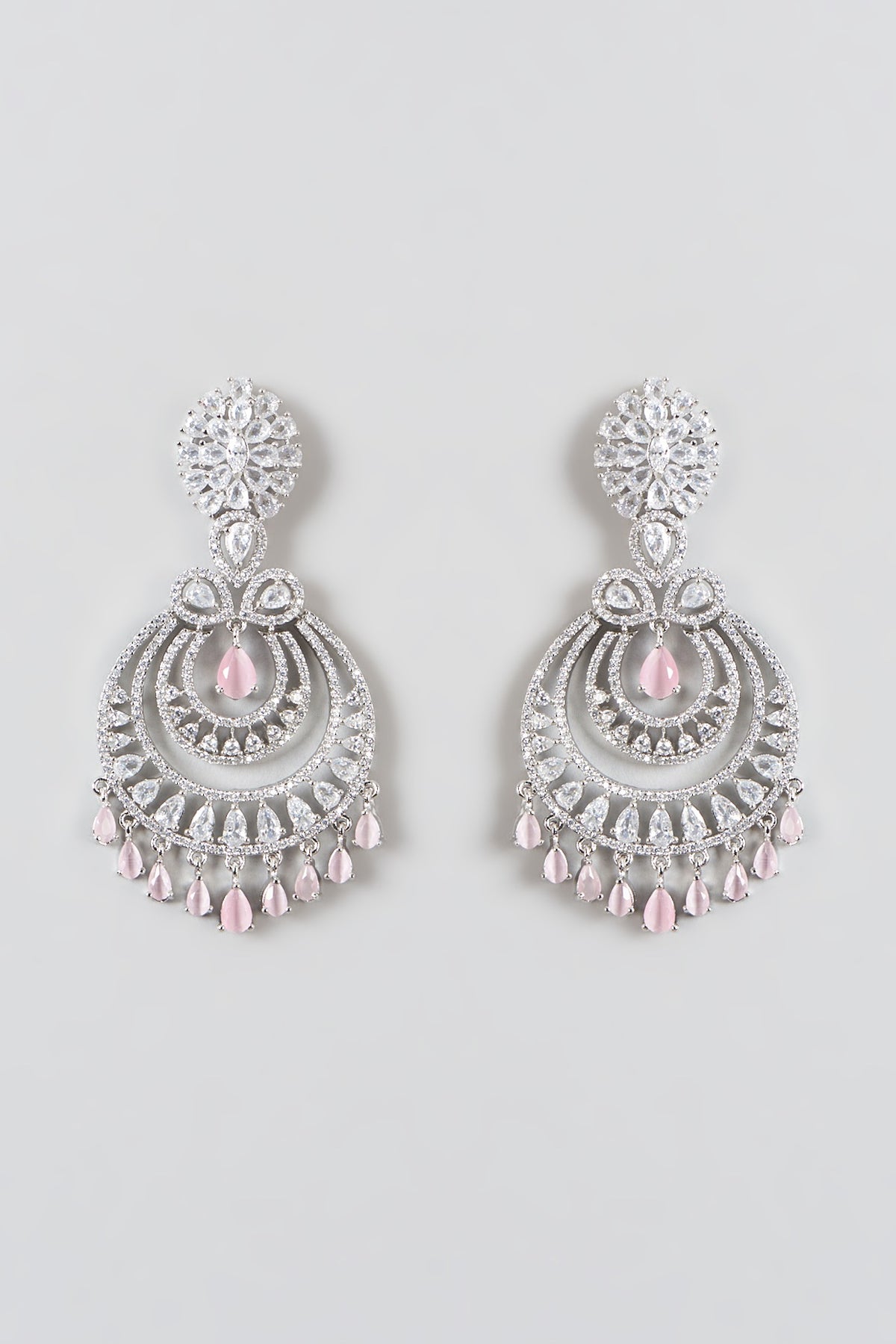 White Finish Zircons & Pink Stone Dangler Earrings