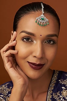White Finish Zircon & Green Stone Maangtikka