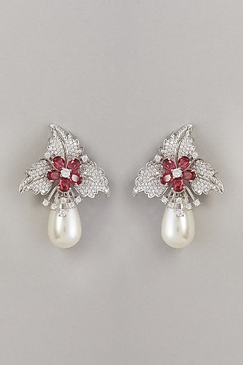 White Finish Red Stone & Pearl Dangler Earrings