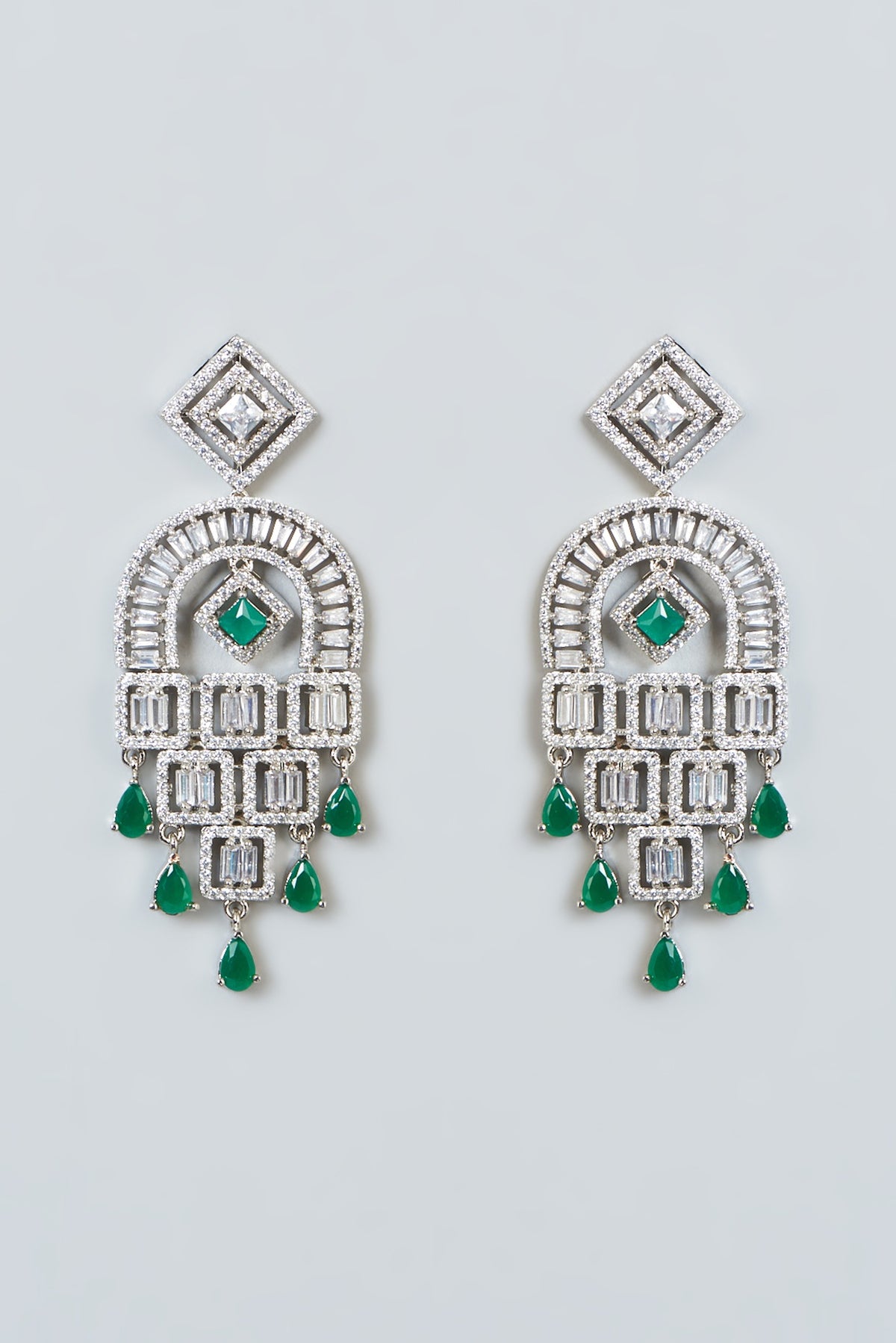 White Finish Zircon & Green Stone Dangler Earrings
