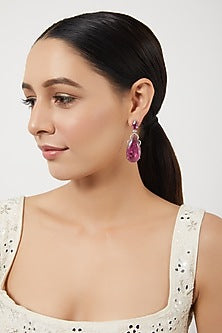 White Finish Zircon & Red Stone Dangler Earrings
