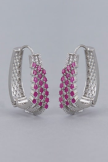 White Finish Zircon & Ruby Synthetic Stone Hoop Earrings