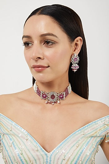 White Finish Pink Stone & Pearl Choker Necklace Set