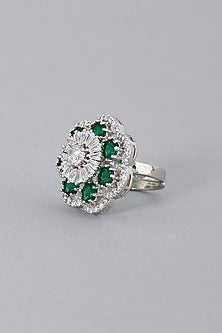 White Finish Zircon & Emerald Synthetic Stone Ring