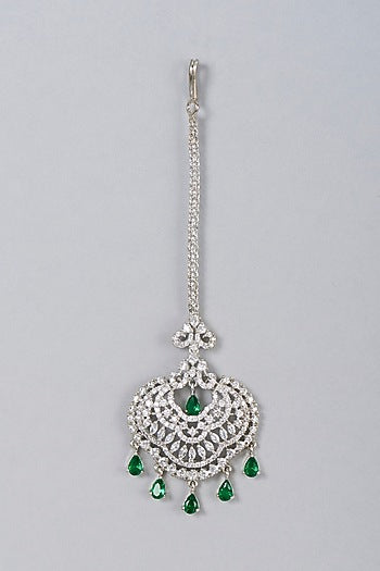 White Finish Green Stone Maangtikka